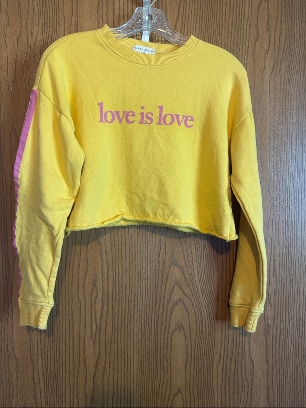 'love is love' Yellow Cropped Sweatshirt with Pink Accent
